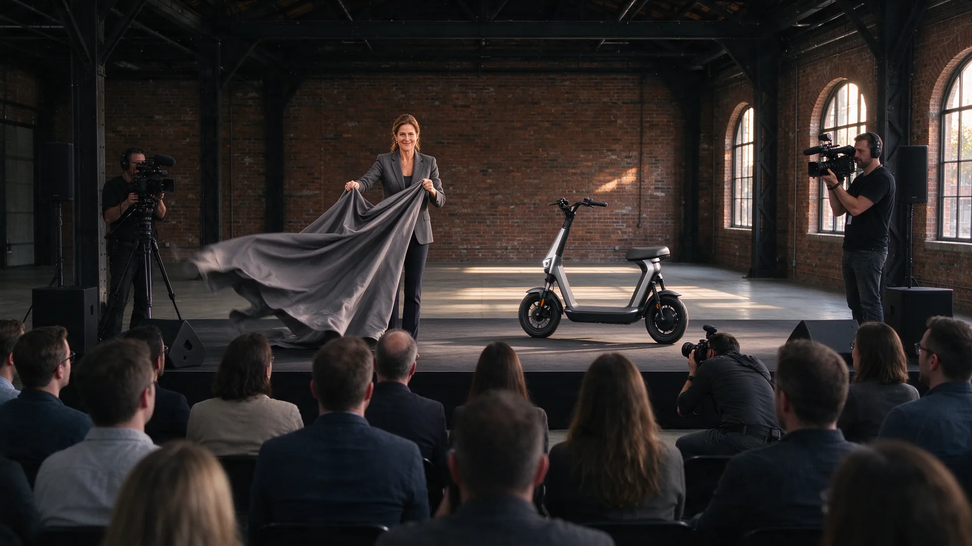 Productmanager trekt een doek van een elektrische scooter op een podium terwijl cameramensen de onthulling filmen