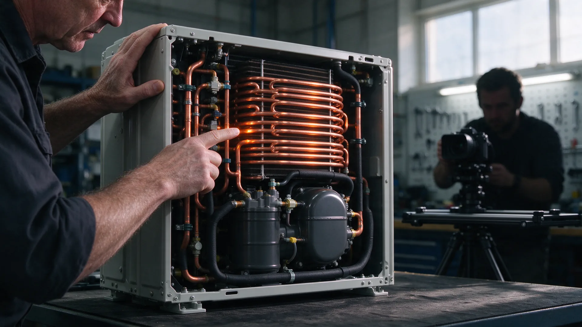 Handen van een engineer wijzen koperen leidingen aan in een opengewerkte warmtepomp op een werkbank