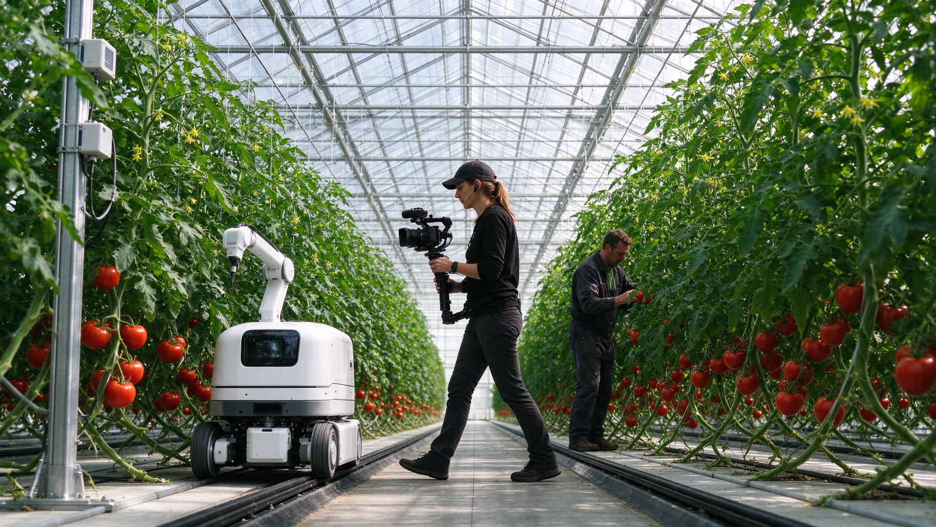 Cameravrouw loopt met een gimbal mee naast een witte plukrobot in een kas vol tomatenplanten