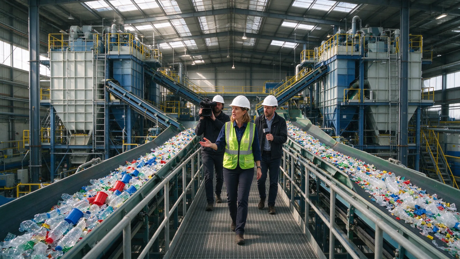 Plantmanager in veiligheidshesje loopt over een loopbrug boven transportbanden met gesorteerd plastic