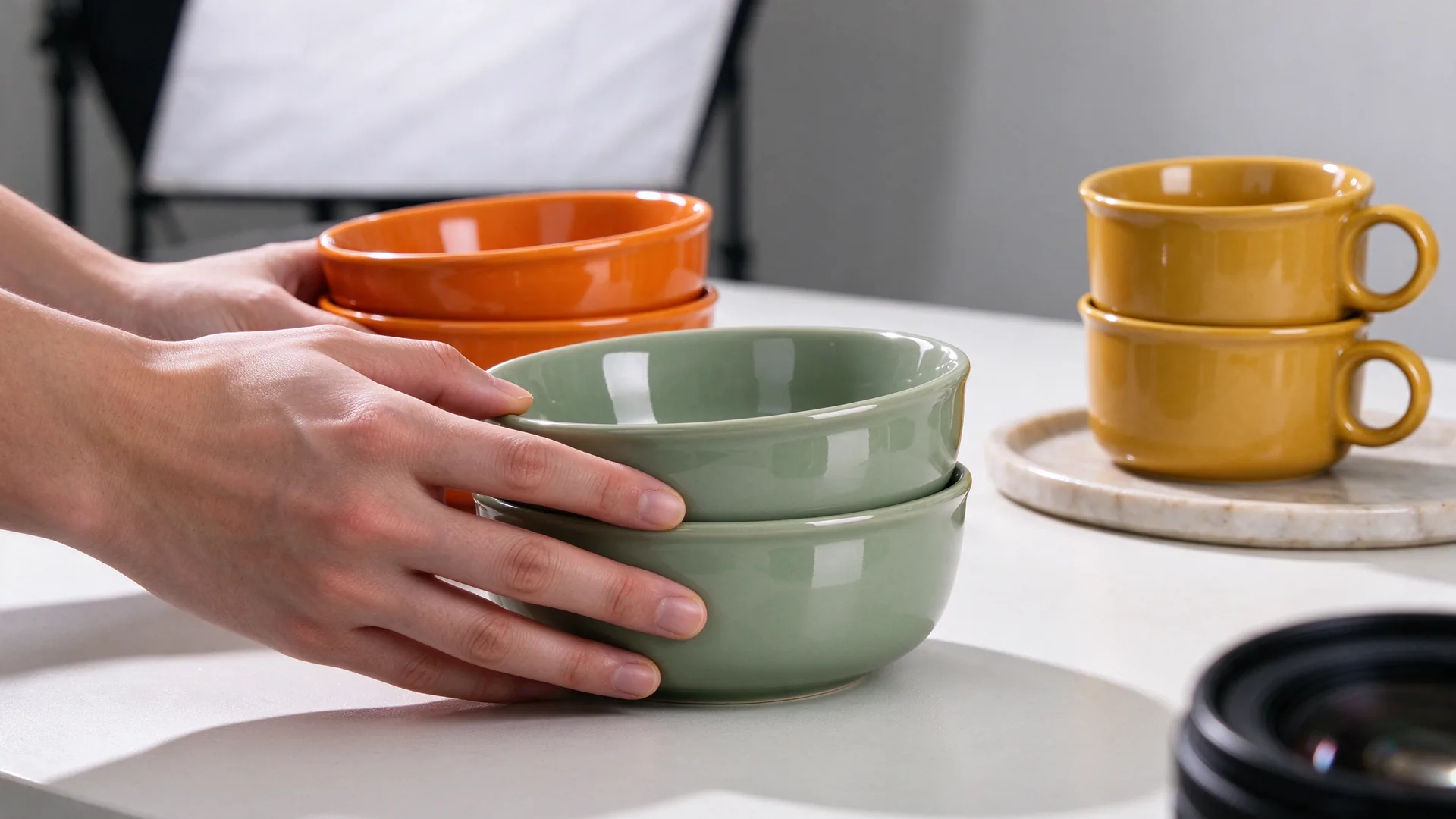 Handen van een stylist wisselen oranje schalen om voor saliegroene op een tafelset in de studio