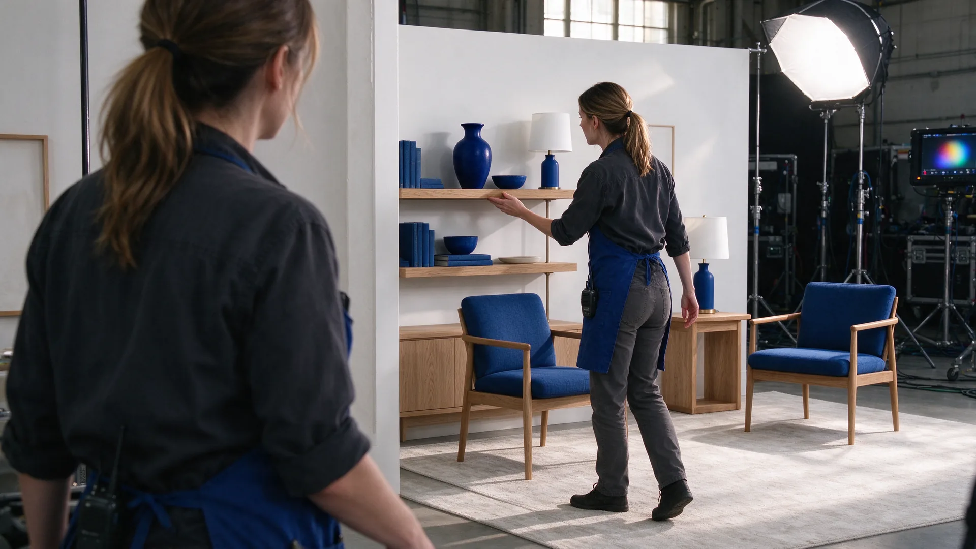 Decorstylist zet een kobaltblauwe vaas op een set waar stoelen, lamp en accessoires hetzelfde blauw hebben
