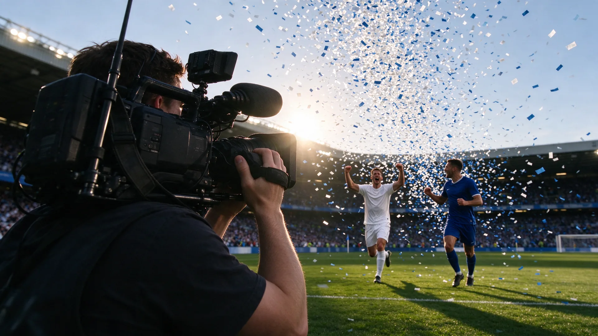 Cameraman met schouderrig filmt omhoog terwijl confetti boven het veld van een stadion ontploft