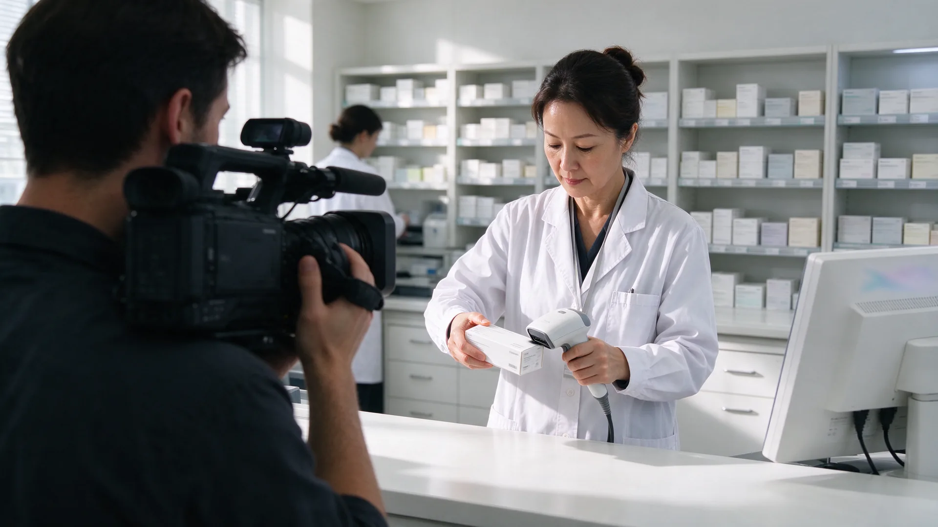 Cameraman filmt een ziekenhuisapotheker die medicijndoosjes scant met een handscanner aan een lange balie