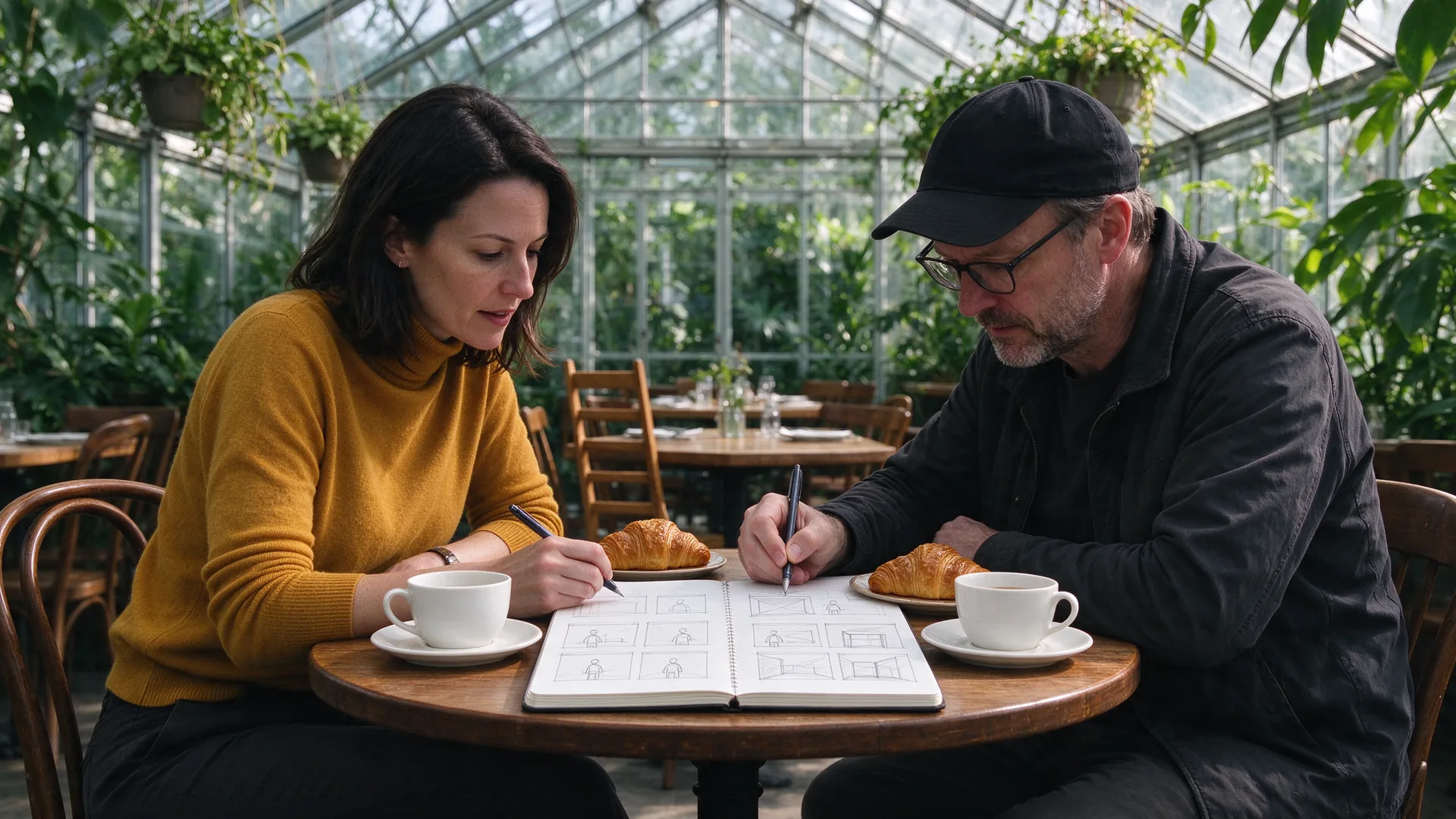 Strateeg en regisseur schetsen storyboardbeelden in een schetsboek in een zonnig kasrestaurant