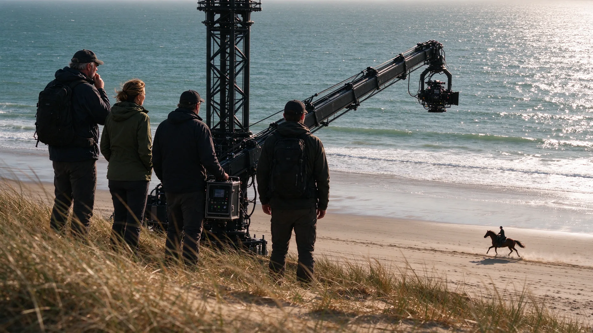 Filmcrew met camerakraan op een duinrug filmt een ruiter die over het strand galoppeert