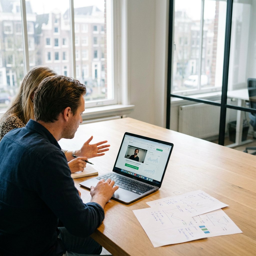 Marketeer en videostrateeg bekijken websitepagina’s, videodata en CTA’s op een laptop in een modern Nederlands kantoor.