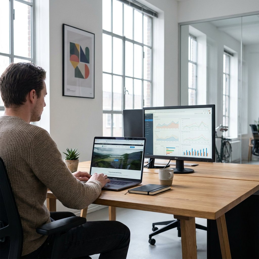 Marketeer in modern European office analyses website speed on a laptop with a video header preview, in soft daylight and a focused work setting.