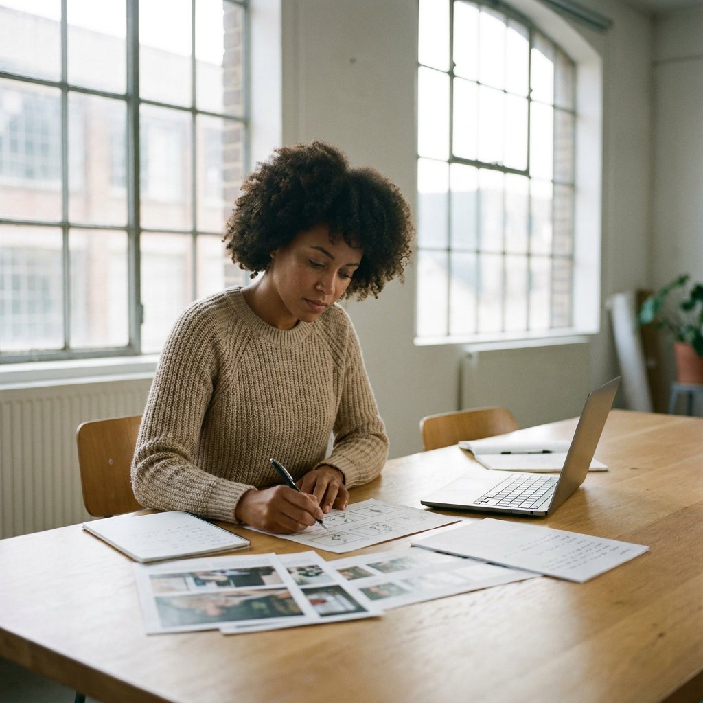 Professionele contentspecialist werkt aan een trainingsvideo script met storyboard, notities en laptop in een moderne Nederlandse studio.