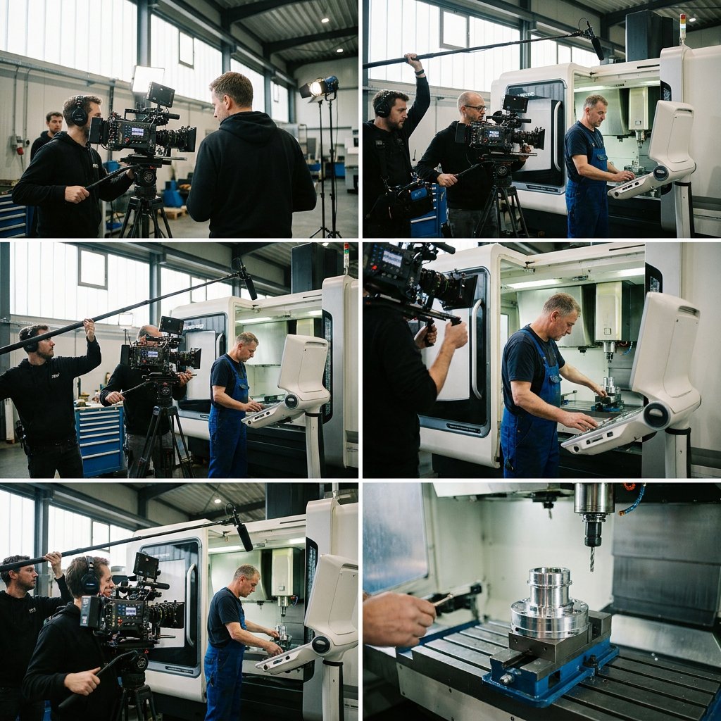 Cameracrew filmt een technisch productieproces in een moderne Nederlandse fabriek, met operator, machines en helder daglicht in een premium setting.