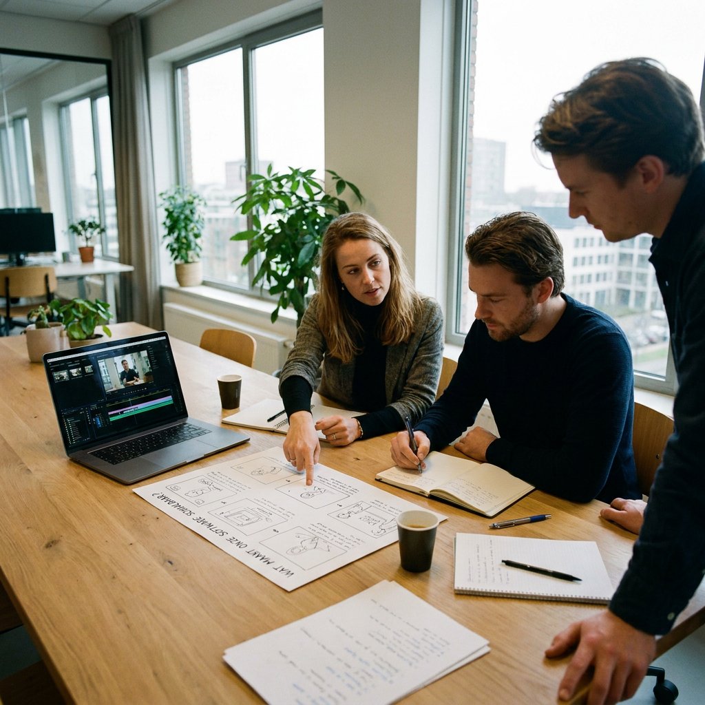 Marketingteam in modern Nederlands kantoor bekijkt storyboard en laptop met videoscript voor een FAQ-video, in helder daglicht.