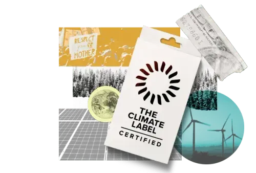 The Climate Label Certified printed on a paper, overlaid on top of a mosaic of environmental imagery
