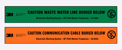 Image depicting standard waste water and communication cable legends for 3M™ EMS Warning Tape 7900 Series.