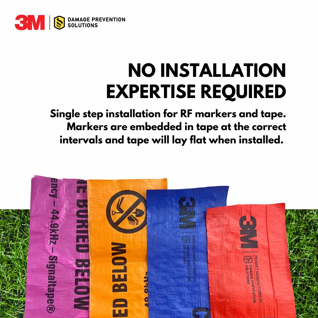 No installation expertise required. Single step installation for RF markers and tape. Markers are embedded in tape at the correct intervals and tape will lay flay when intalled.