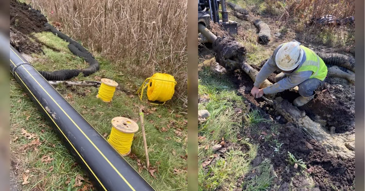 pipe with spools of marking tape, construction worker boring underground gas line
