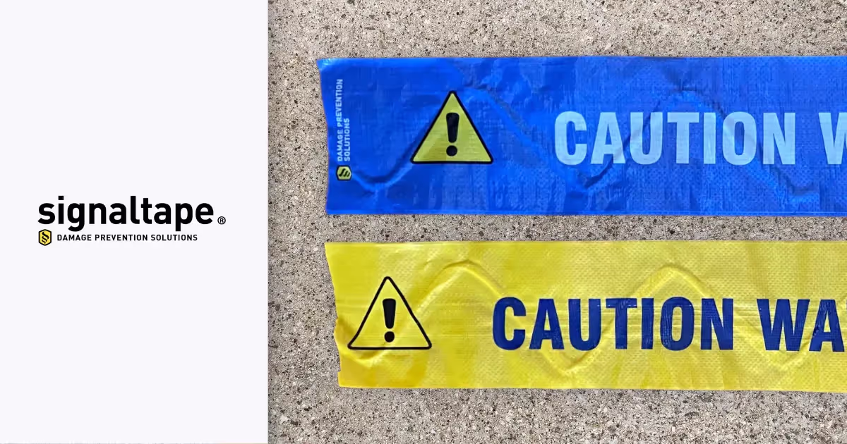 close up image of blue warning tape for water lines and yellow marking tape for buried pipes