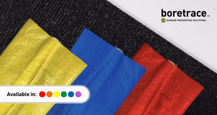 image showing Boretrace® Detectable Marking Tape in red, yellow, blue and key showing it is also available in orange, green, purple