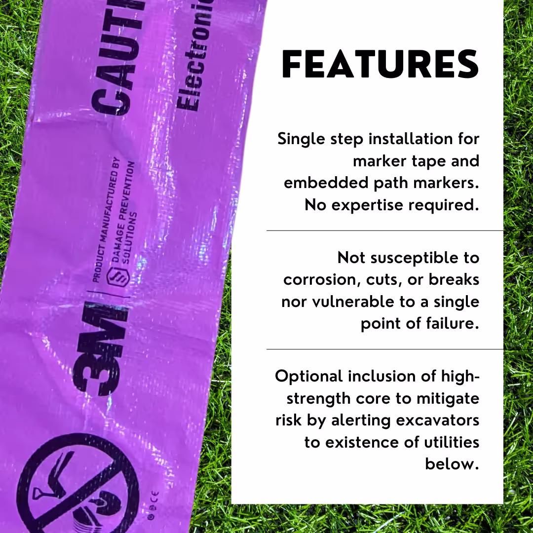 Features of the 3M 7900 Warning tape series and image of purple marker tape