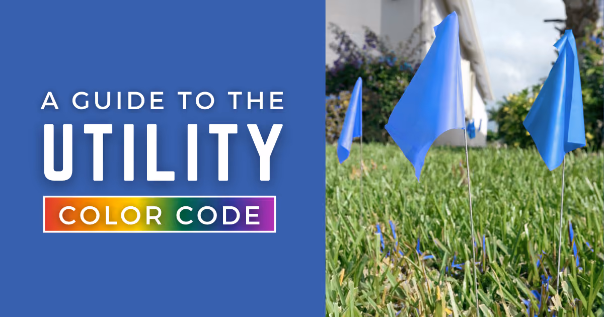 Image of 3 blue marking flags with the caption "a guide to the utility color code"