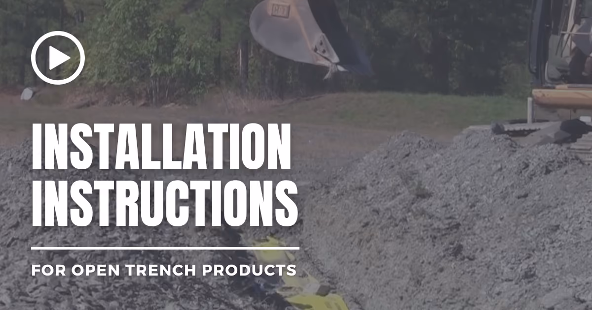 Video thumbnail with Damage Prevention Solutions logo and title Installation Instructions For Open Trench Products over a yellow background featuring an excavator driving over dirt.