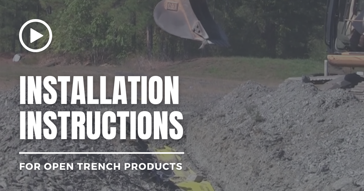 Video thumbnail with Damage Prevention Solutions logo and title Installation Instructions For Open Trench Products over a yellow background featuring an excavator driving over dirt.