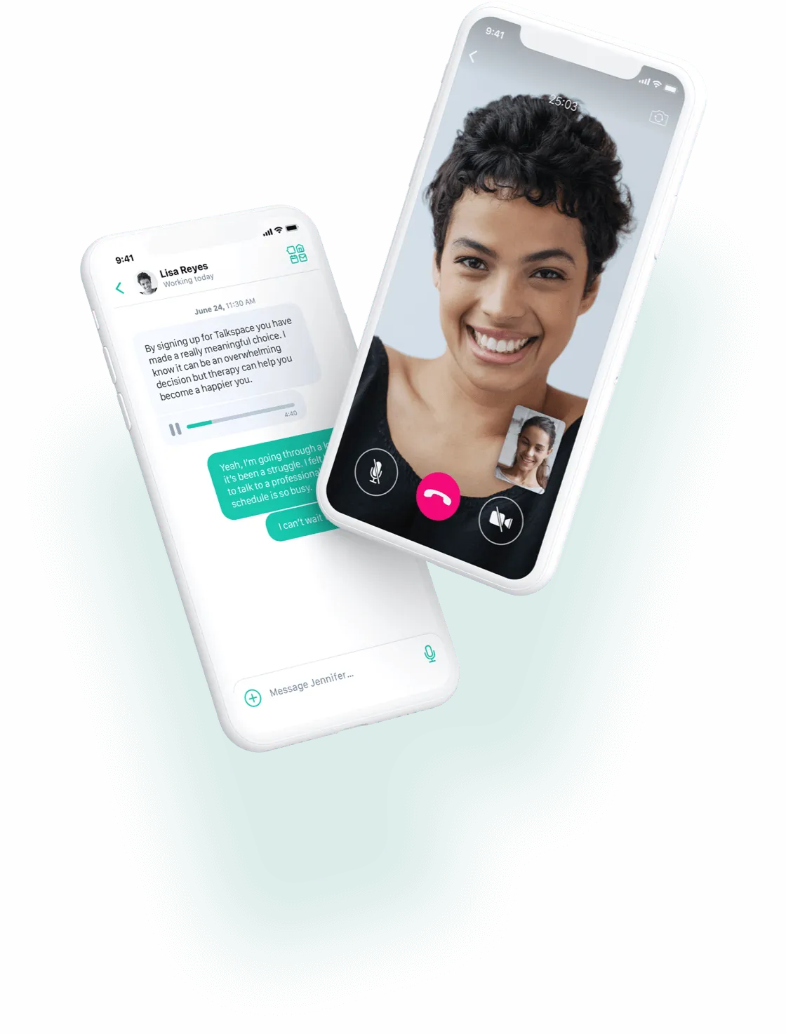 Two phone screens showing video call and Talkspace messaging room