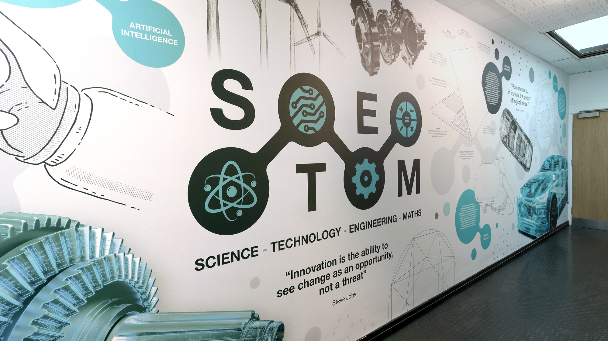 This STEM wall art celebrates the endless opportunities these innovative subjects offer, inspiring curiosity and ambition. Exciting students about science, technology, engineering and maths! With its futuristic design blending blueprint and photographic elements, it transforms the space into a dynamic learning environment!