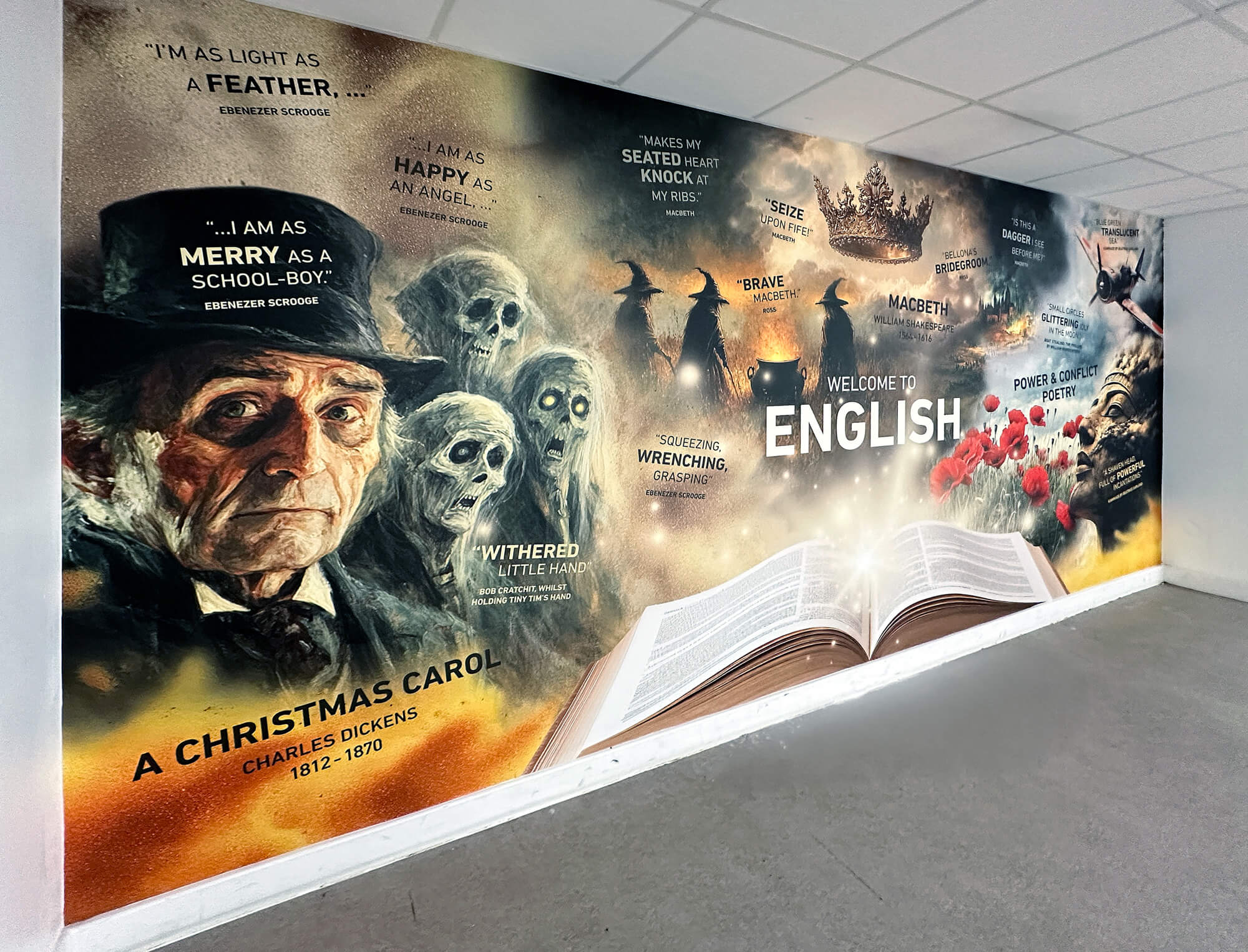 Step into the world of stories with this immersive wall art at Starbank School! This vibrant montage brings together a dazzling collection of favourite books, inspiring a love of reading and creative writing. Fully adaptable to fit your school’s curriculum, wall art like this transforms spaces and sparks imagination.