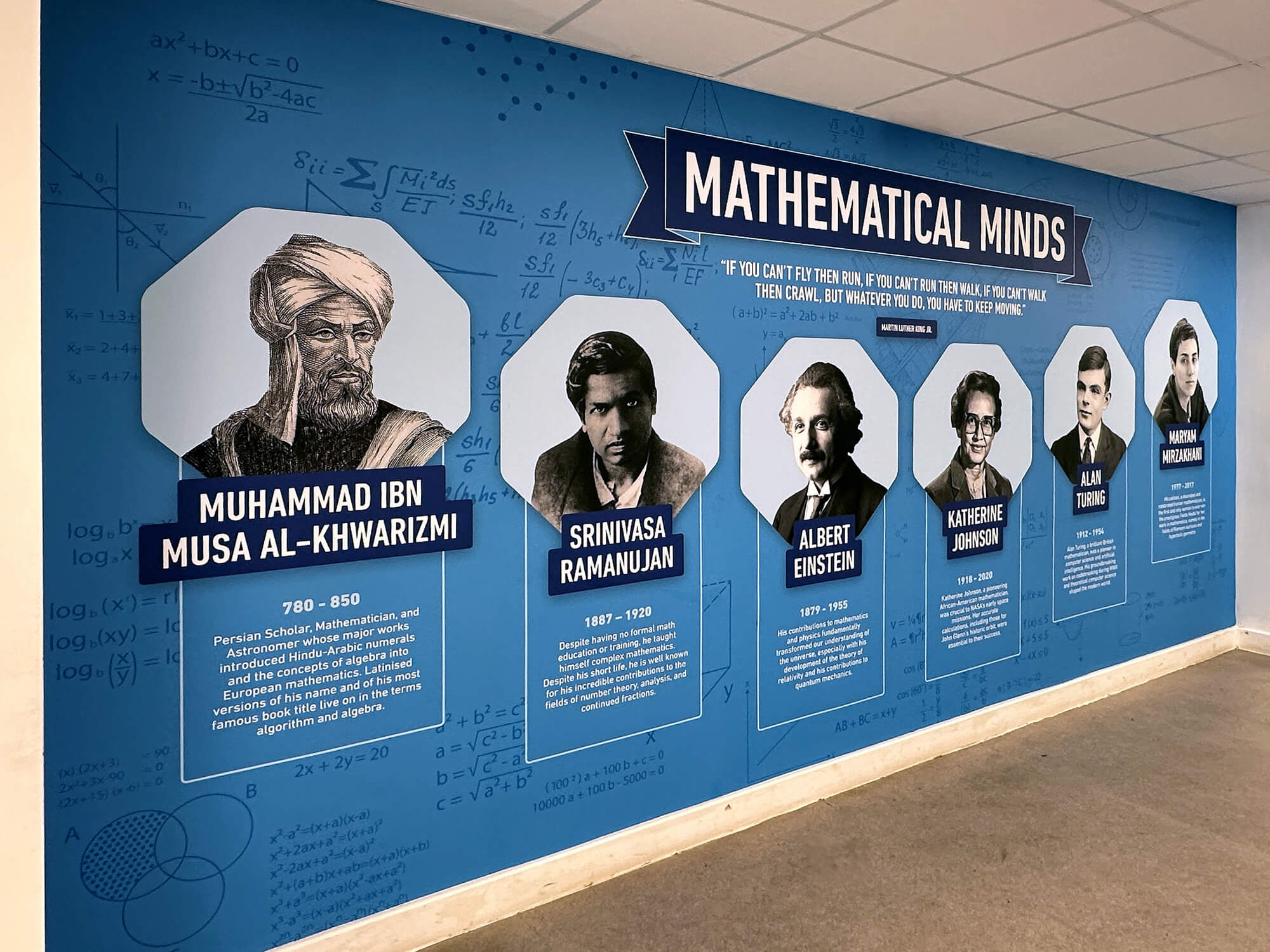 This inspirational wall Art at Starbank School honours the greatest mathematical minds in history. By showcasing the achievements of renowned mathematicians, the artwork encourages students to see the relevance and impact of math in the world around them. It can spark curiosity, promote a growth mindset, and help students connect their studies to real-world accomplishments. This design is easily transferable to suit any subject.