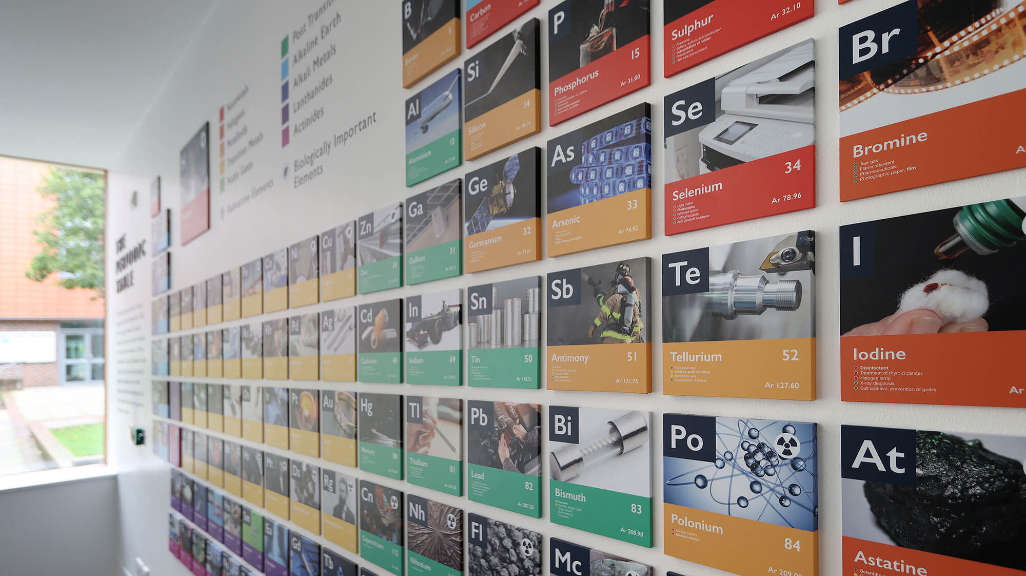 The science graphics at King's College Wimbledon elevate the periodic table to an entirely new level. Each element is represented as an individual, flat-cut piece, creating a dynamic and luxurious design. The spacious artwork not only enhances the learning experience but also showcases stunning imagery. Schools benefit from this design by fostering a more engaging and interactive environment, where students can connect visually with complex concepts in a way that feels both approachable and inspiring!
