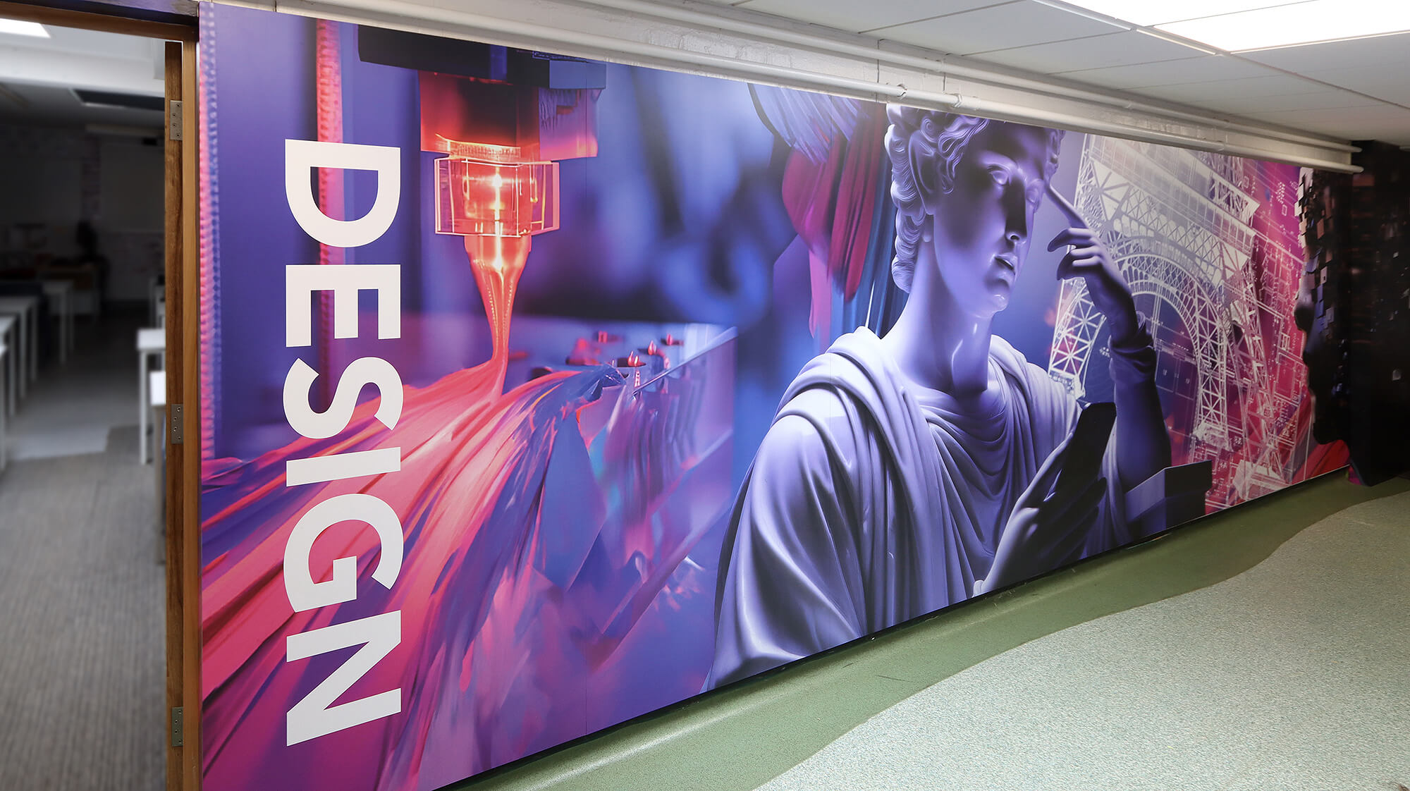 This vibrant wall mural integrates art, technology, and design, showcasing a blend of classical sculpture, cutting-edge 3D printing, and architectural innovation. This design encourages questions and exploration of skills, perfect for sparking student creativity and enriching your learning environment!