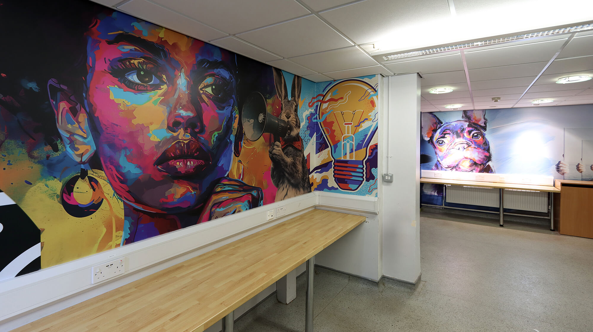 Transform your school’s learning spaces with striking, graffiti-inspired wall art that celebrates creativity and individuality. This vibrant mural combines bold portraits, imaginative animals, and dynamic designs, creating an engaging atmosphere that inspires students to explore and embrace creative subjects.