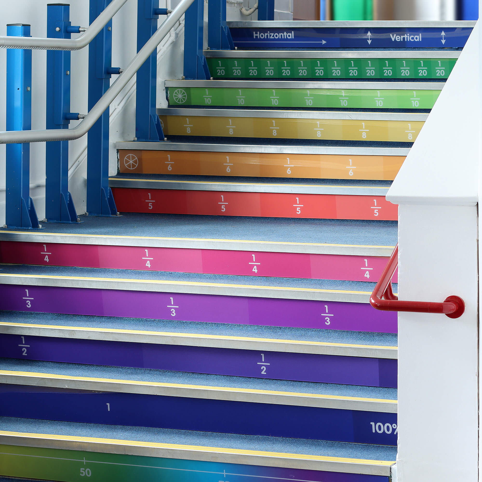 This engaging, interactive math staircase graphic is a fantastic way to keep students' minds active between lessons. The vibrant coloUrs and playful games transform the space into a dynamic learning environment, making math both fun and accessible as students move through the school.