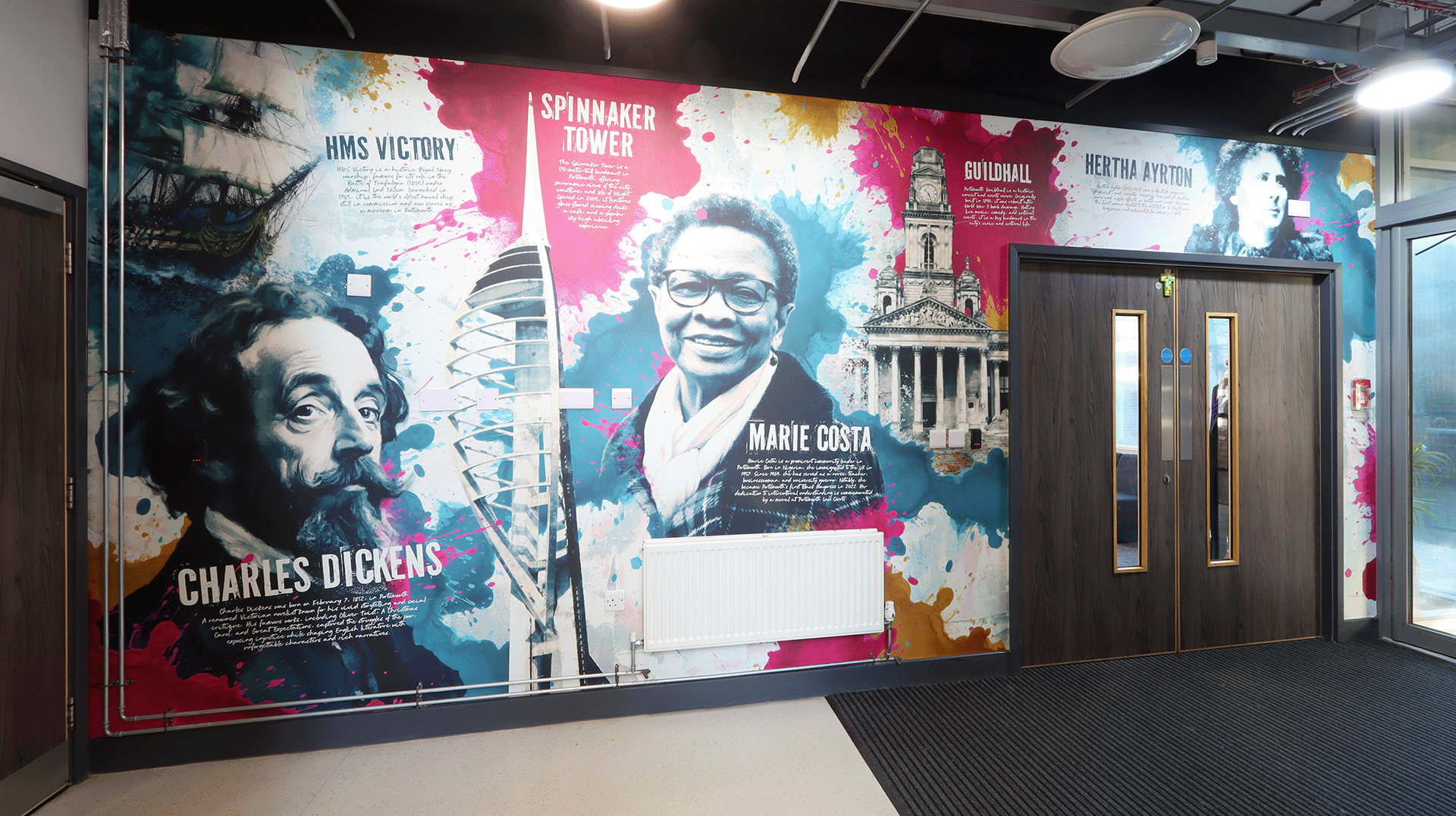 Celebrate your school's rich identity with a vibrant graffiti-style wall mural that brings local pride to life. This bold, urban-inspired artwork captures the spirit of Portsmouth, featuring iconic landmarks and famous people. Designed to inspire connection and creativity, the mural can be customised to reflect your school or local story.