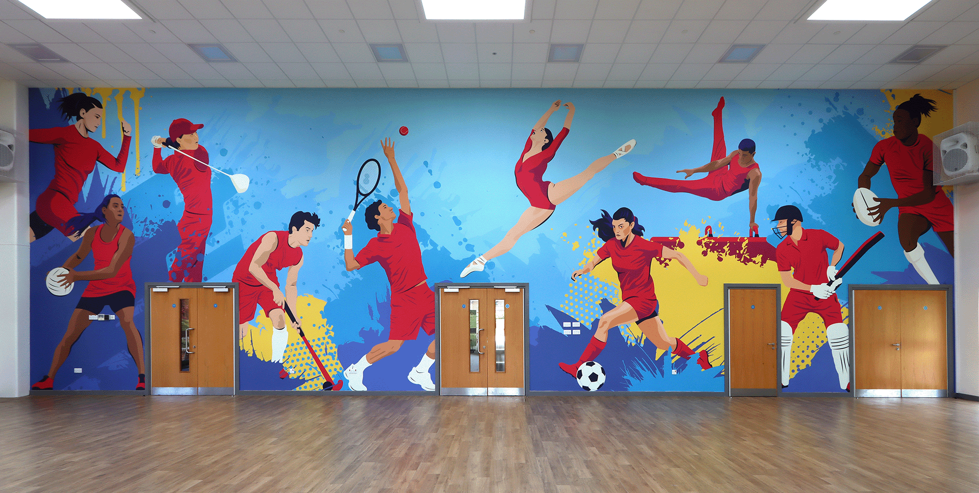 Turn your sports hall into a celebration of movement with a bright, character-filled wall mural! This large-scale design showcases a cast of energetic characters representing a range of school sports - from running and netball to dance and gymnastics. Each figure bursts personality, whilst united in the school uniform colours - creating a fun, inclusive display that encourages all pupils to join in and stay active.