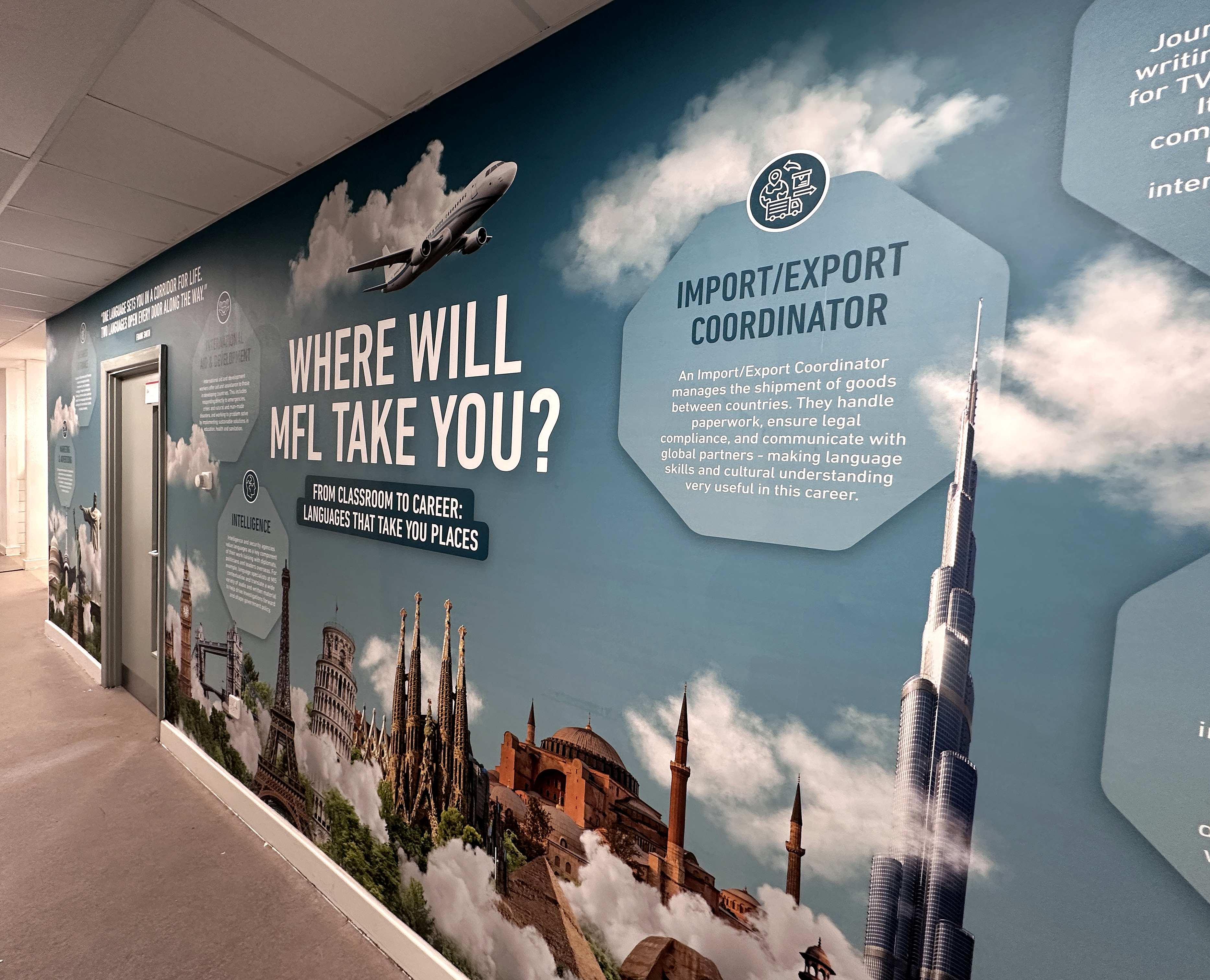 This MFL Careers Wall Mural is designed to inspire students with the exciting pathways languages can lead to. Featuring aspirational real-world career examples, this vibrant display shows how speaking another language opens doors in travel, business, culture, media and more. Perfect for modern foreign language classrooms and corridors.