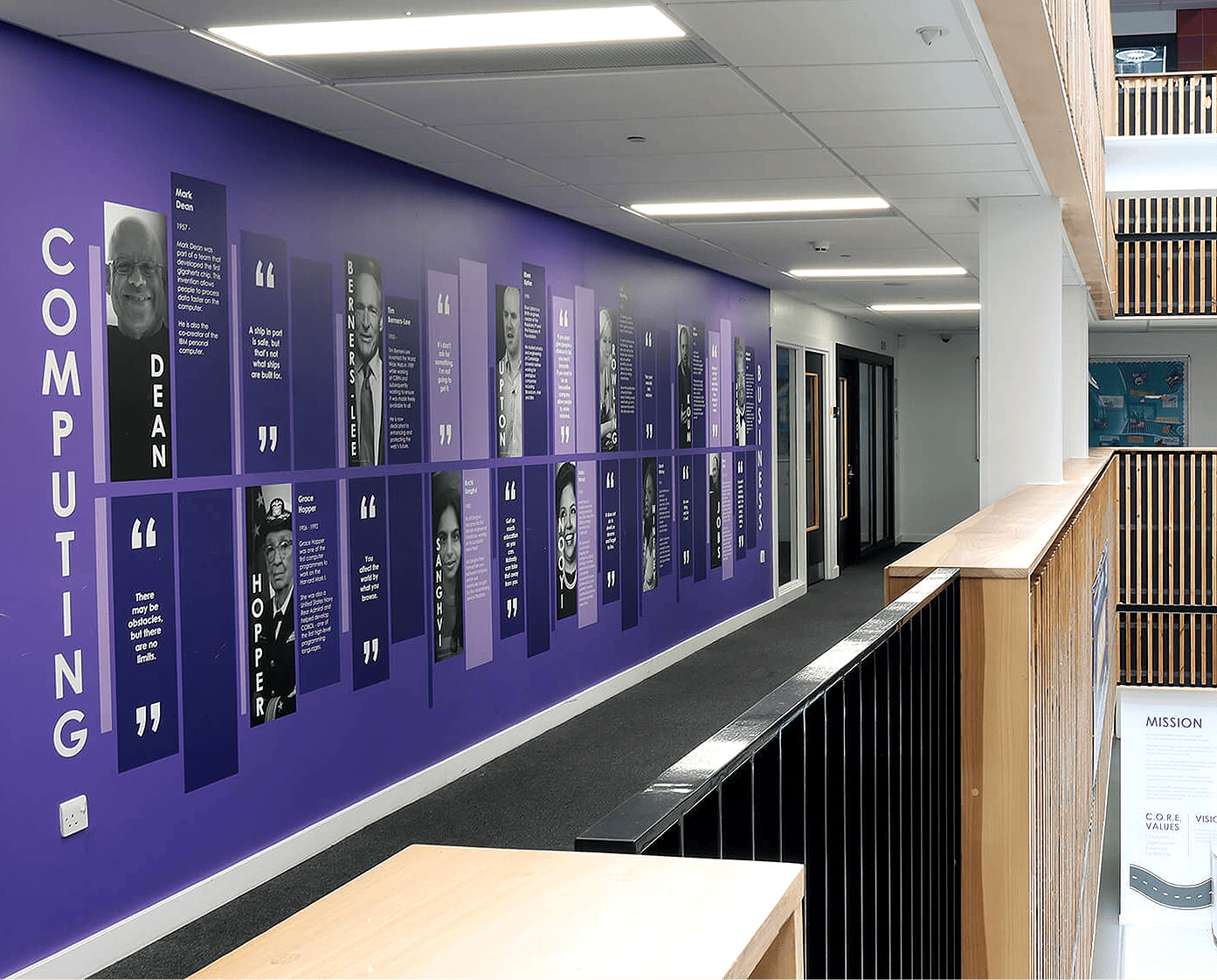 This bold and dynamic equaliser design transforms walls into a celebration of inspiration and achievement. Using vibrant colour bars and striking graphics, it showcases famous figures and their powerful quotes - each “bar” representing a voice that has made an impact. Amendable to suit any subject. 