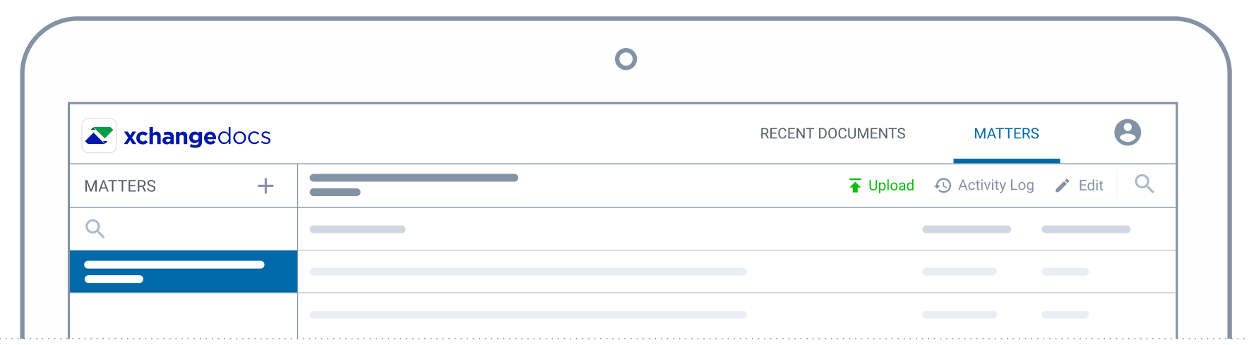 Upload document action on the Matters view illustration