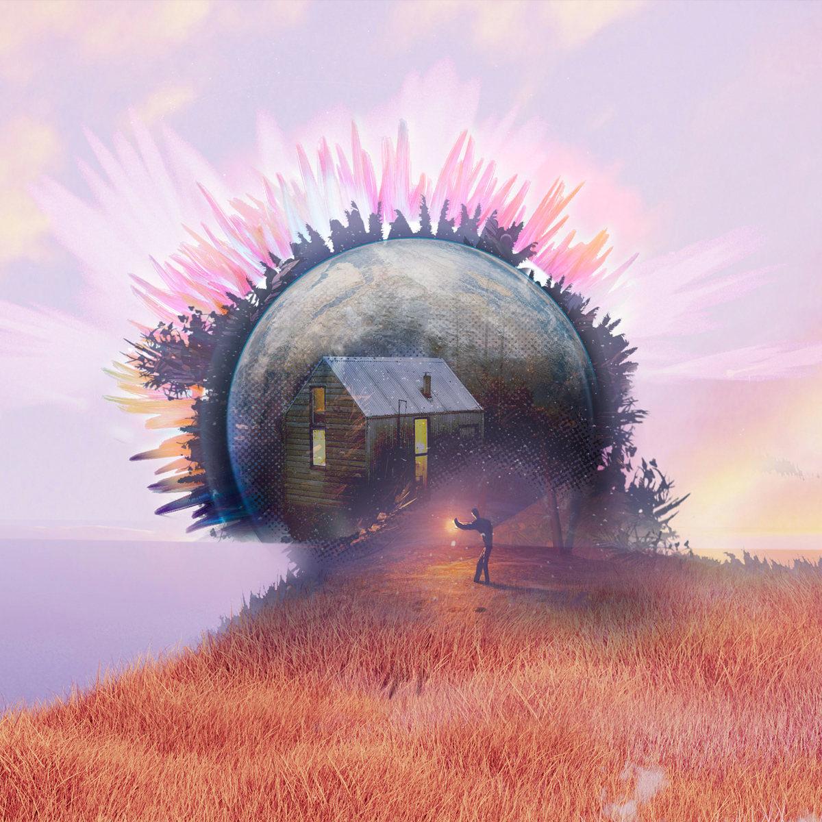 Figure holding lantern, entering into earthly portal with a home in it.