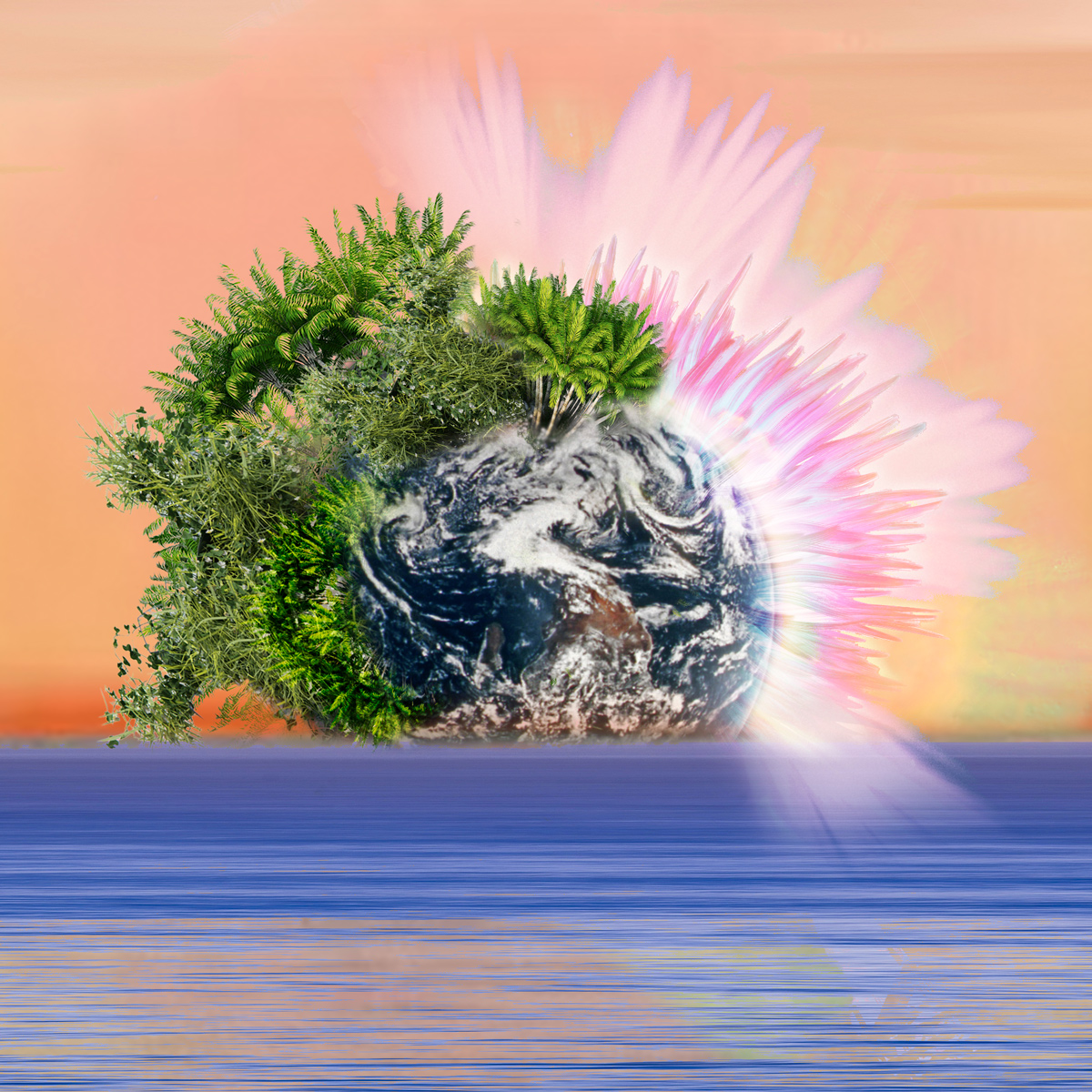 Earth sprouting trees and rays of light