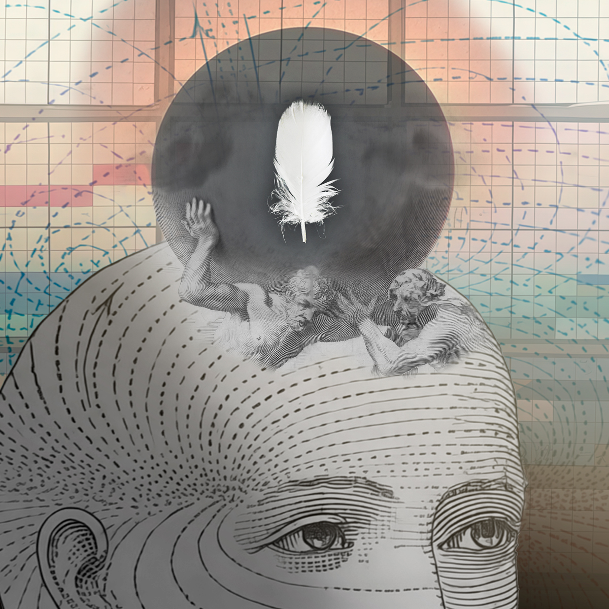 Atlas, a feather, and a person