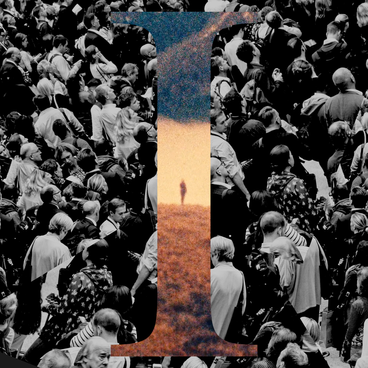 crowd surrounding a solitary figure in an uppercase I