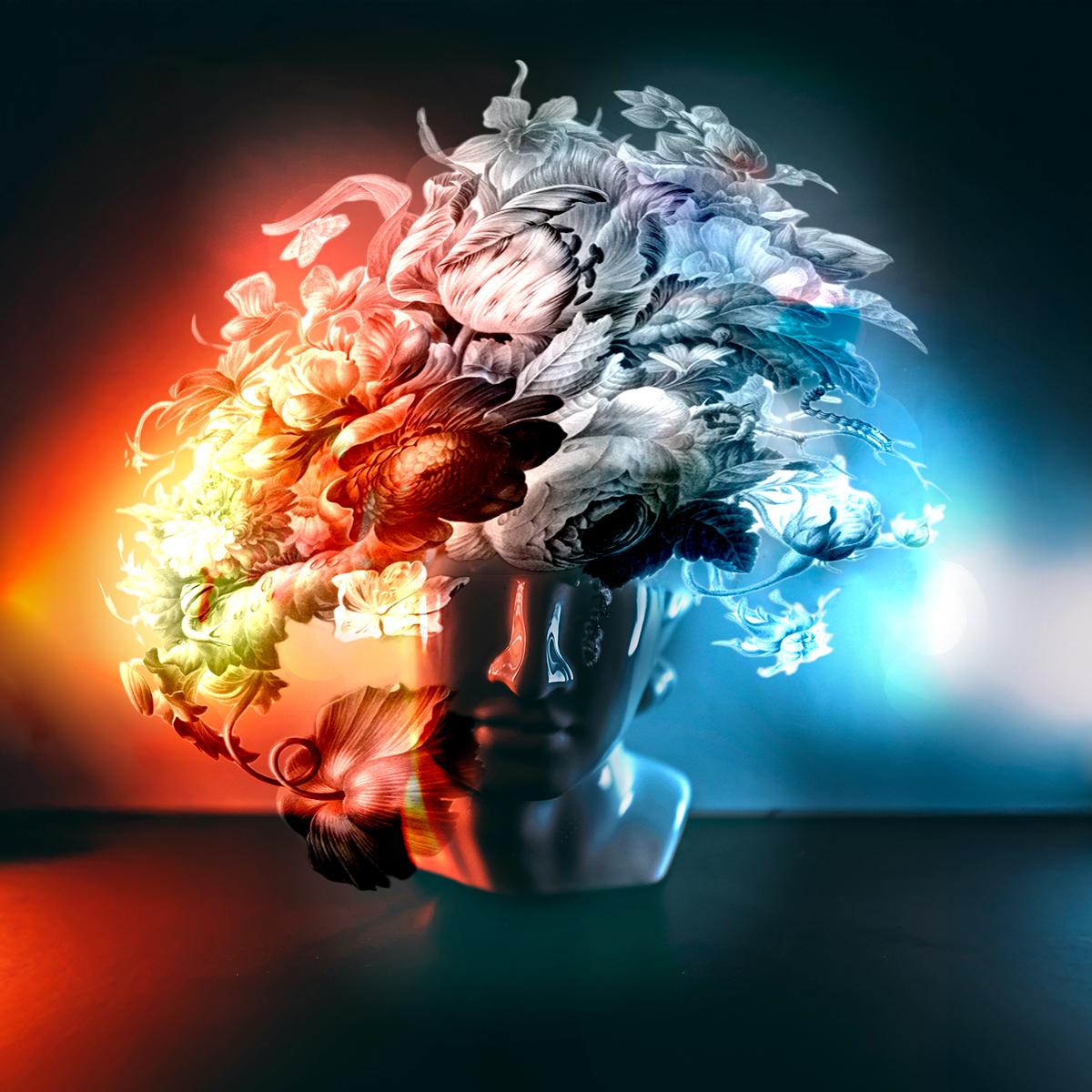 red, blue, blossoms from the mind