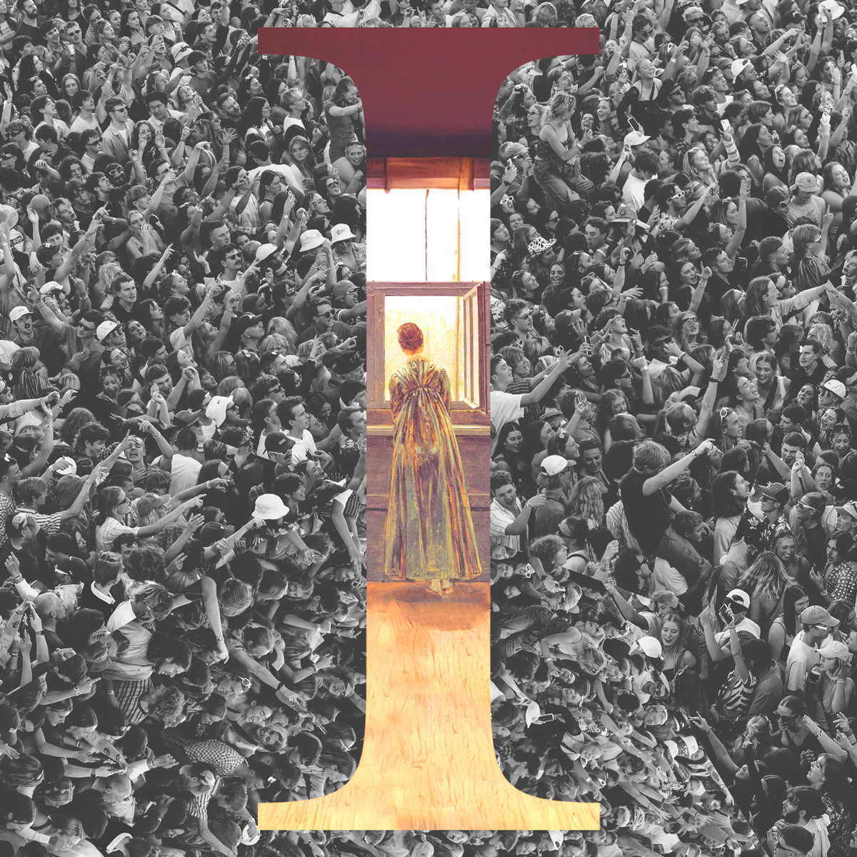 crowd of people, letter I with figure inside