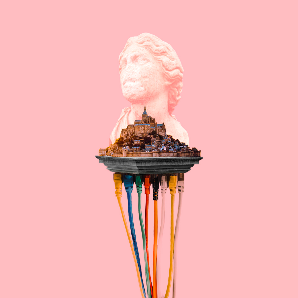 wires, monastery, statue