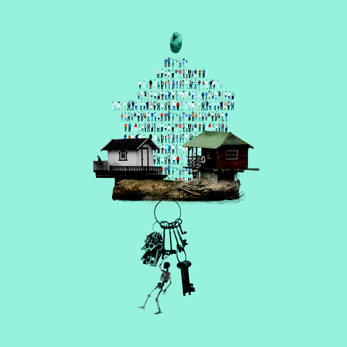 houses, skeleton keys, skeleton, and people, with finger print