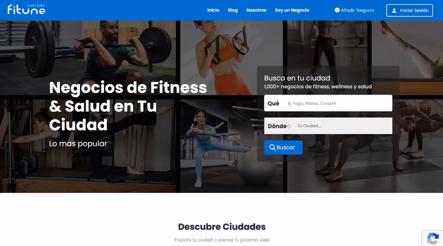 Sitio web de Fitune Explore mostrando diferentes actividades de fitness y salud, con opciones para buscar negocios locales