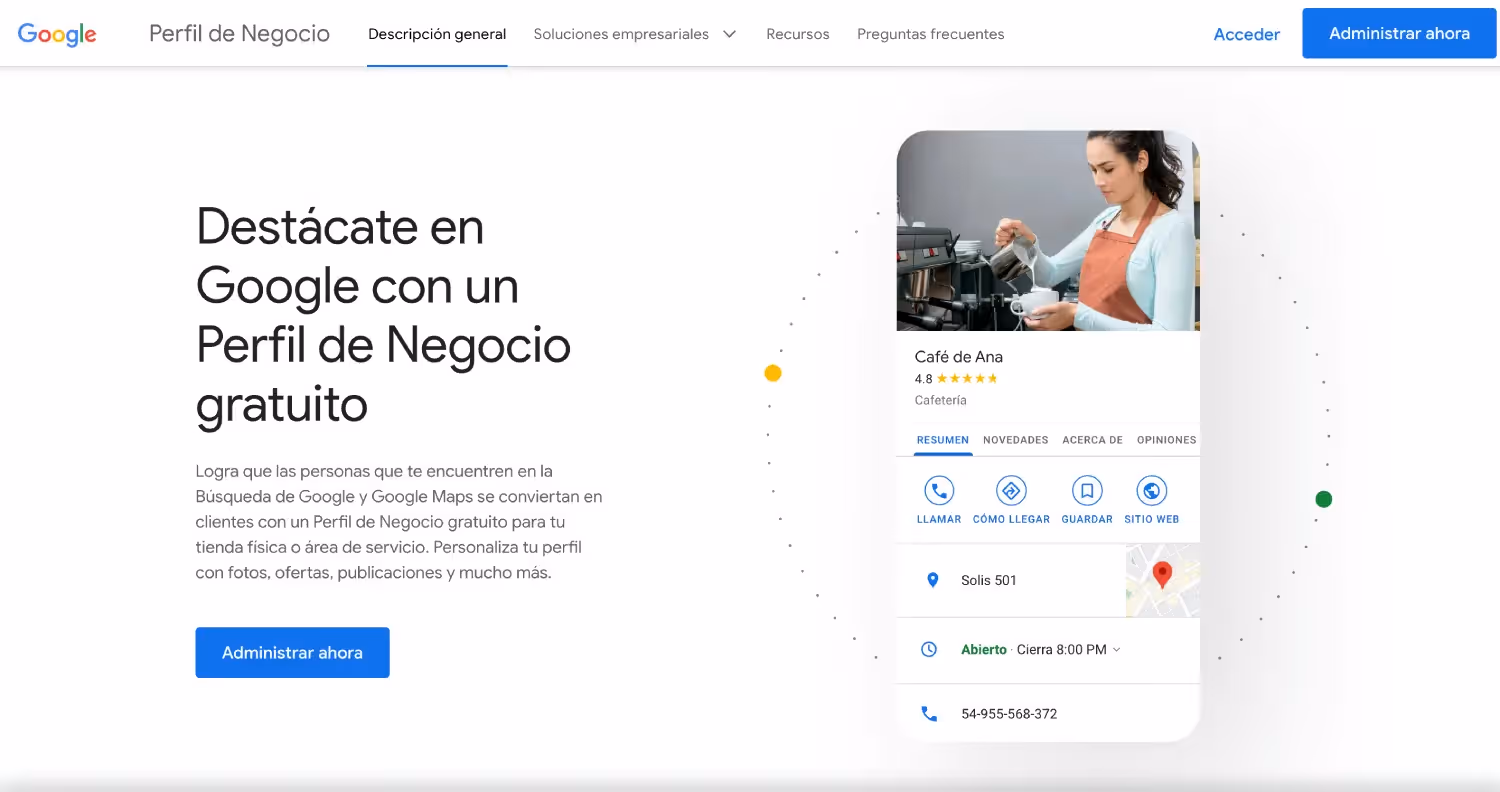 Página de Google My Business promoviendo perfil de negocio gratuito para destacarse en Google