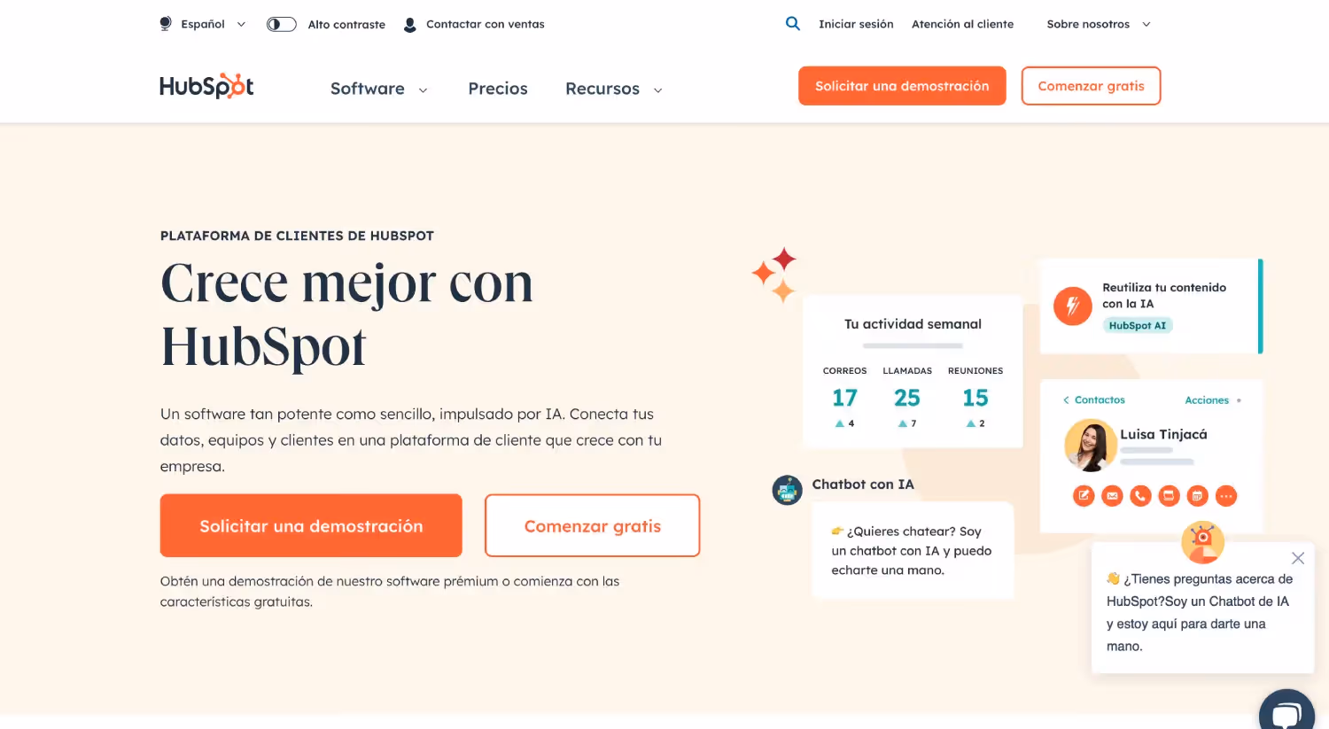 Página de inicio de HubSpot ofreciendo demostraciones y opciones para comenzar gratis