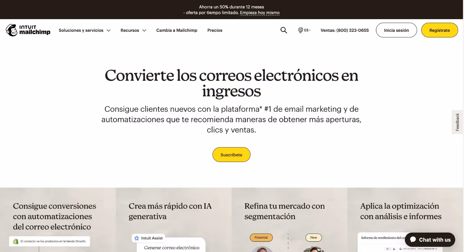 Página de inicio de Mailchimp ofreciendo servicios de email marketing para aumentar ingresos